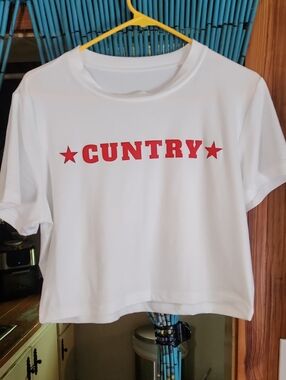 White Crop Tee with Red "CUNTRY" Graphic by
